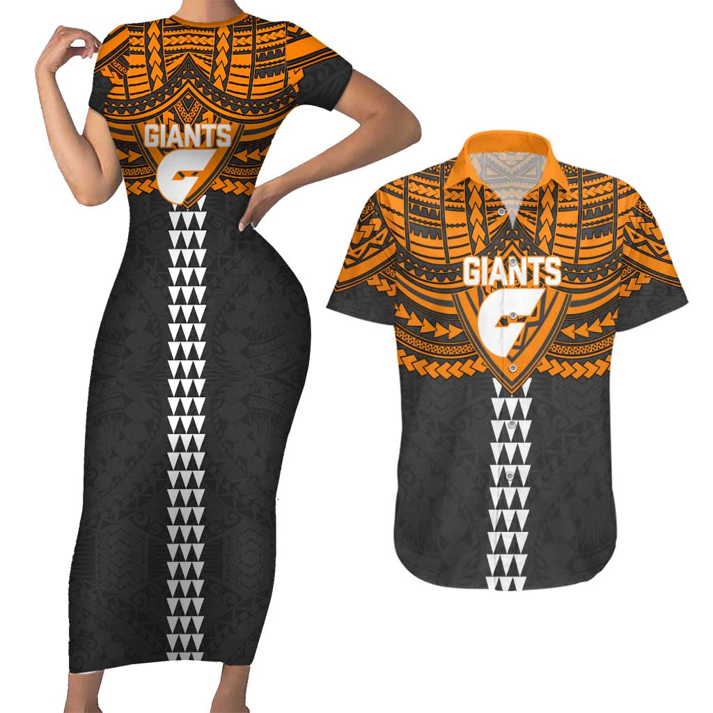 Personalized GWS Giants Couples Matching Short Sleeve Bodycon Dress and Hawaiian Shirt Polynesian Tribal Pattern Heritage Football