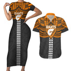 Personalized GWS Giants Couples Matching Short Sleeve Bodycon Dress and Hawaiian Shirt Polynesian Tribal Pattern Heritage Football