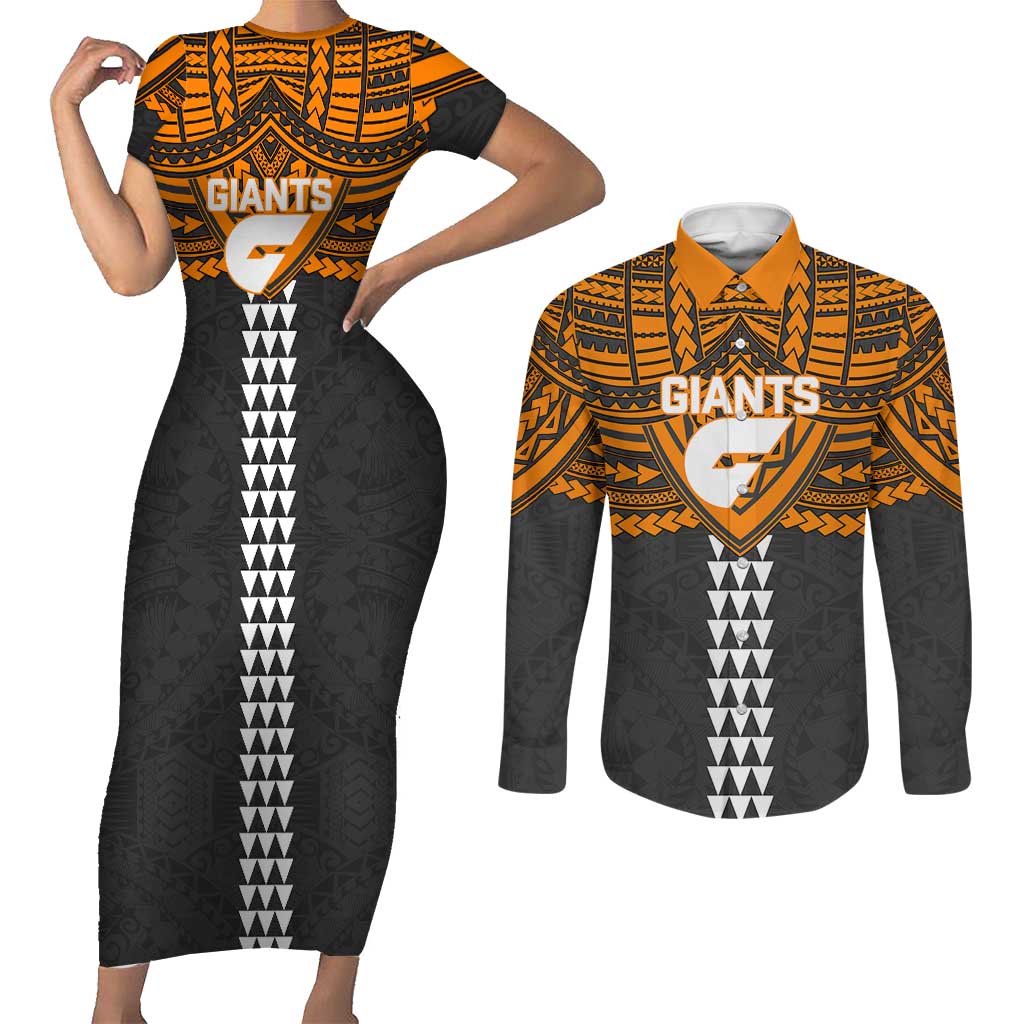 Personalized GWS Giants Couples Matching Short Sleeve Bodycon Dress and Long Sleeve Button Shirt Polynesian Tribal Pattern Heritage Football