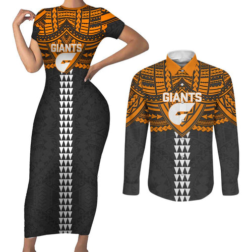 Personalized GWS Giants Couples Matching Short Sleeve Bodycon Dress and Long Sleeve Button Shirt Polynesian Tribal Pattern Heritage Football