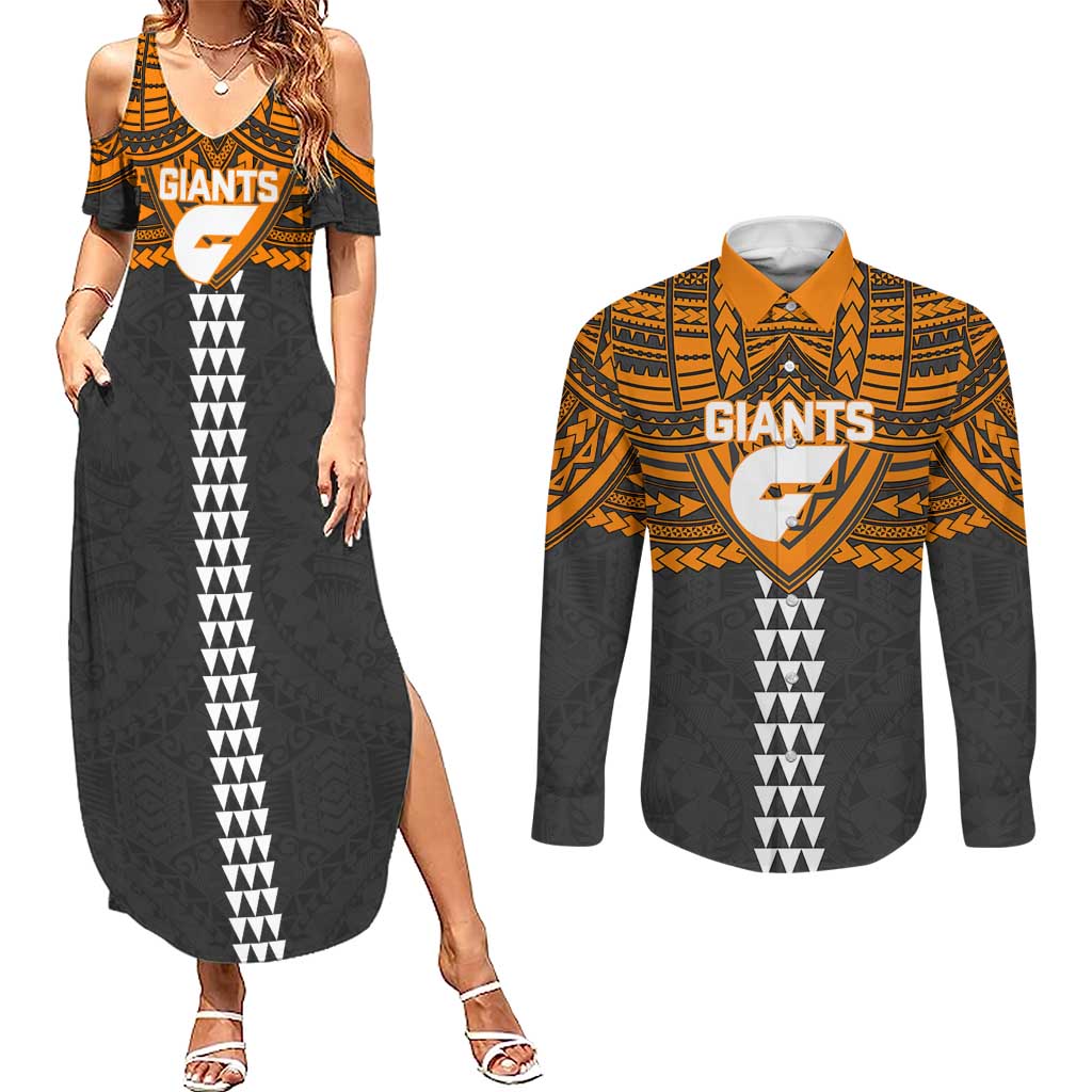 Personalized GWS Giants Couples Matching Summer Maxi Dress and Long Sleeve Button Shirt Polynesian Tribal Pattern Heritage Football