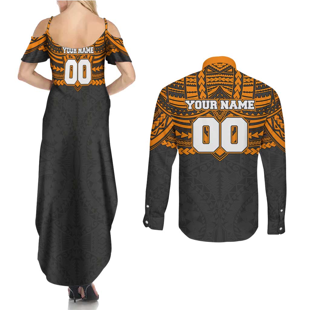 Personalized GWS Giants Couples Matching Summer Maxi Dress and Long Sleeve Button Shirt Polynesian Tribal Pattern Heritage Football