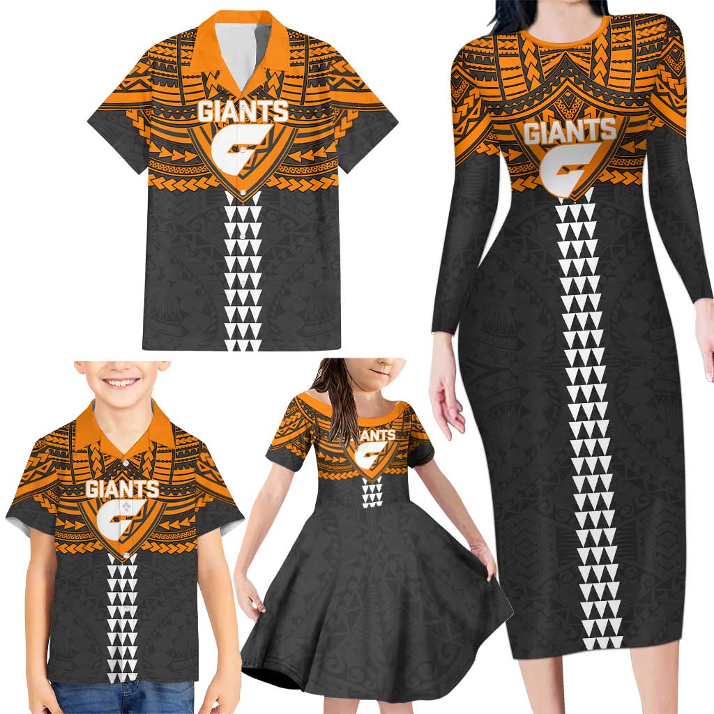 Personalized GWS Giants Family Matching Long Sleeve Bodycon Dress and Hawaiian Shirt Polynesian Tribal Pattern Heritage Football