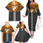 Personalized GWS Giants Family Matching Off The Shoulder Long Sleeve Dress and Hawaiian Shirt Polynesian Tribal Pattern Heritage Football