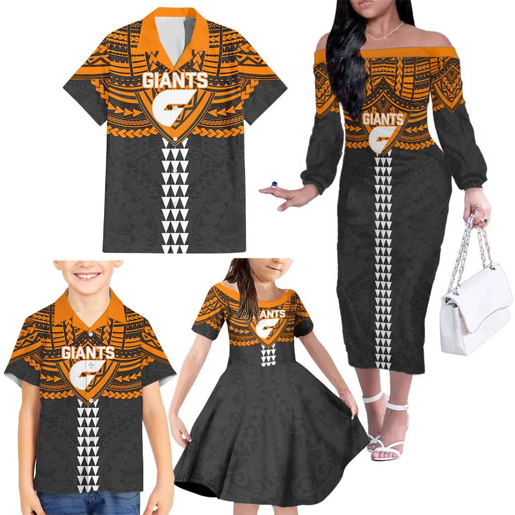Personalized GWS Giants Family Matching Off The Shoulder Long Sleeve Dress and Hawaiian Shirt Polynesian Tribal Pattern Heritage Football