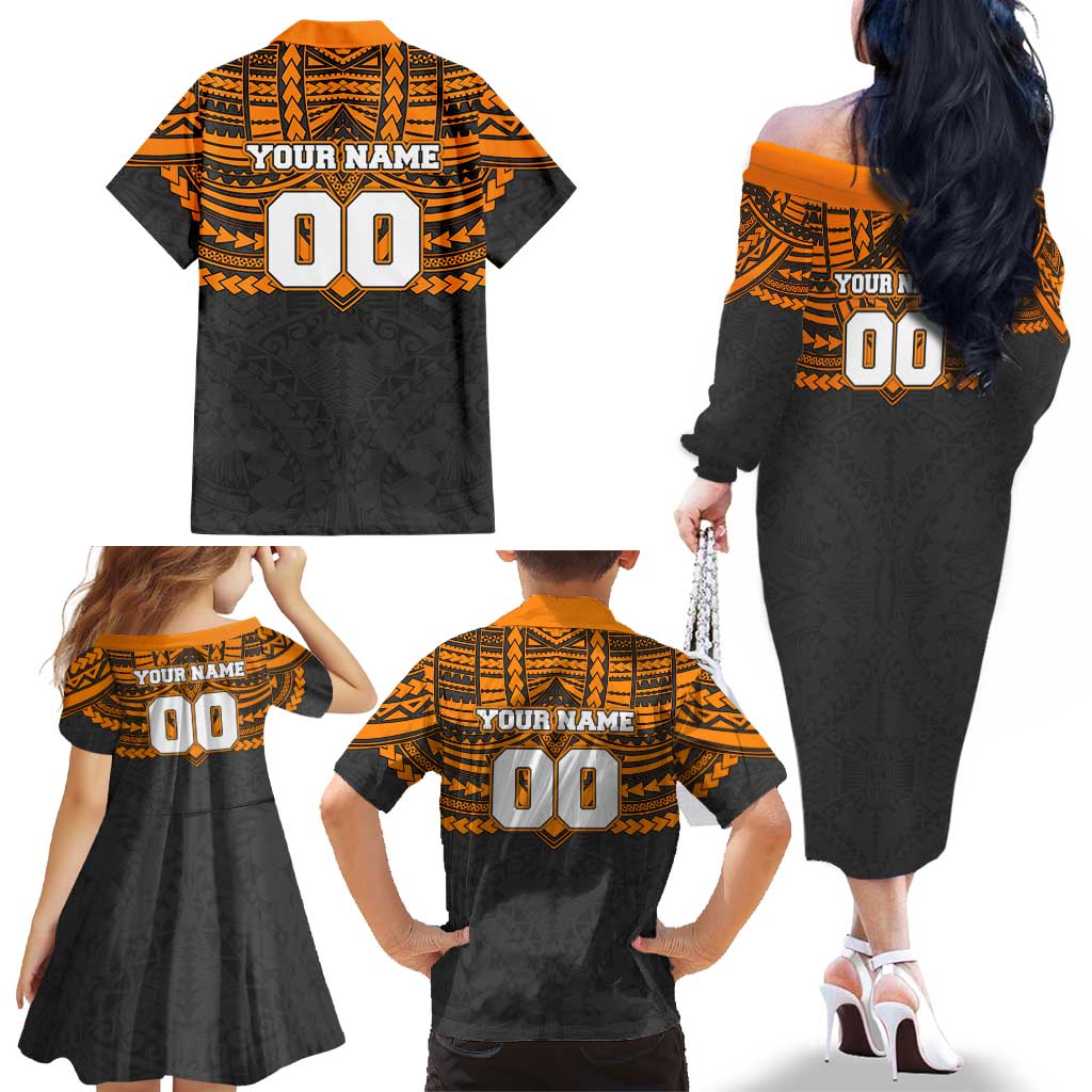 Personalized GWS Giants Family Matching Off The Shoulder Long Sleeve Dress and Hawaiian Shirt Polynesian Tribal Pattern Heritage Football