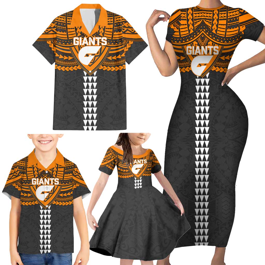 Personalized GWS Giants Family Matching Short Sleeve Bodycon Dress and Hawaiian Shirt Polynesian Tribal Pattern Heritage Football