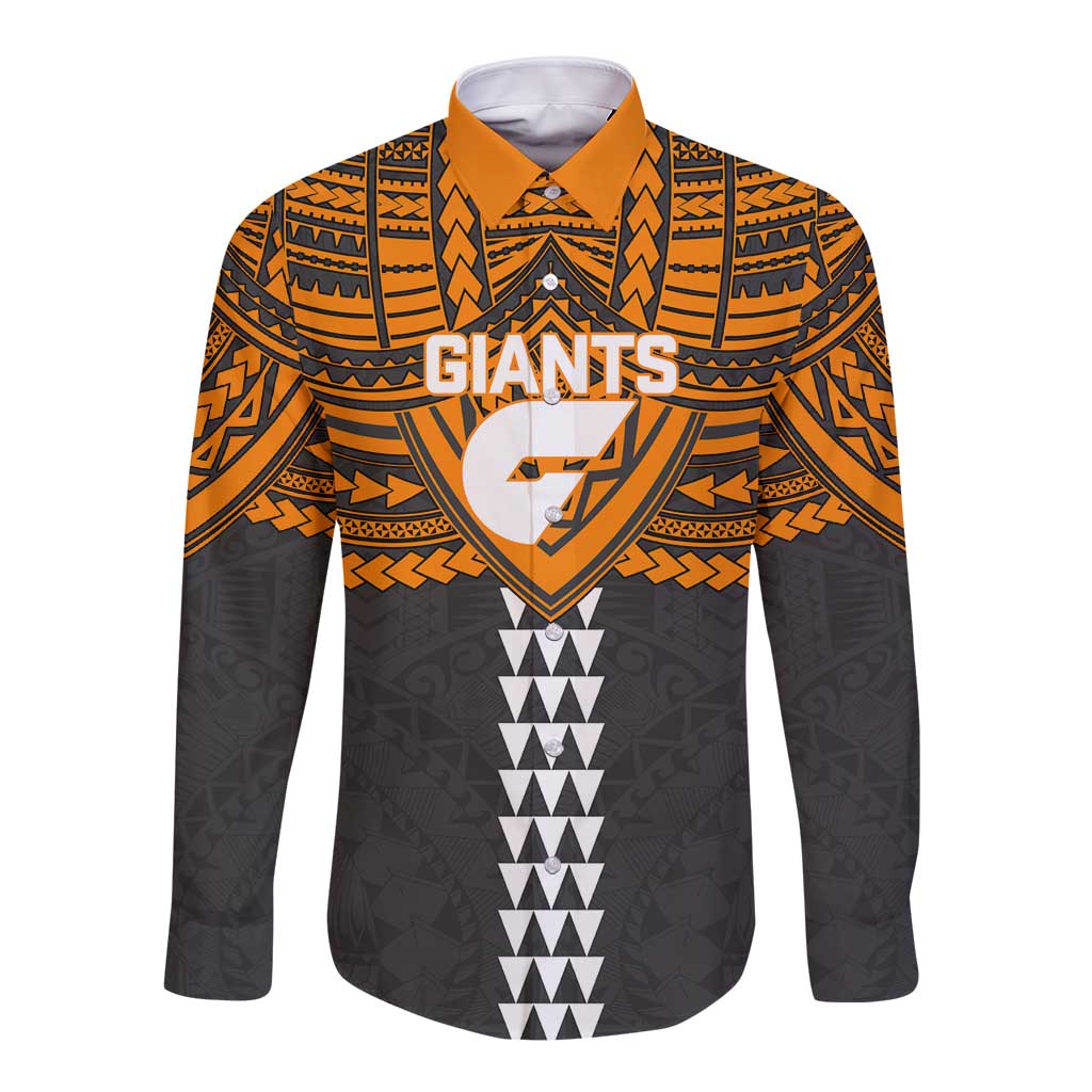 Personalized GWS Giants Long Sleeve Button Shirt Polynesian Tribal Pattern Heritage Football