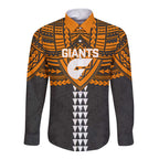 Personalized GWS Giants Long Sleeve Button Shirt Polynesian Tribal Pattern Heritage Football