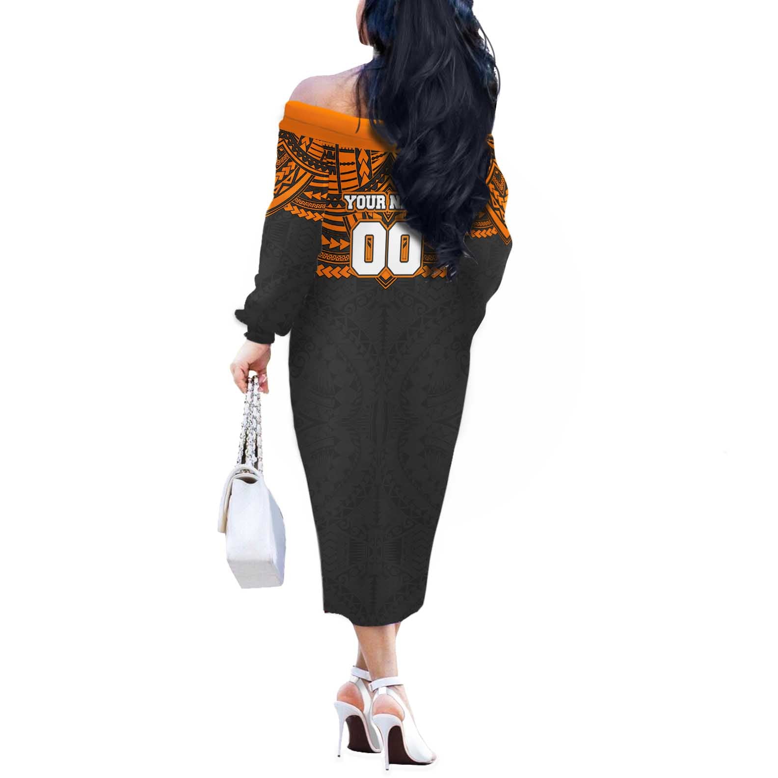 Personalized GWS Giants Off The Shoulder Long Sleeve Dress Polynesian Tribal Pattern Heritage Football