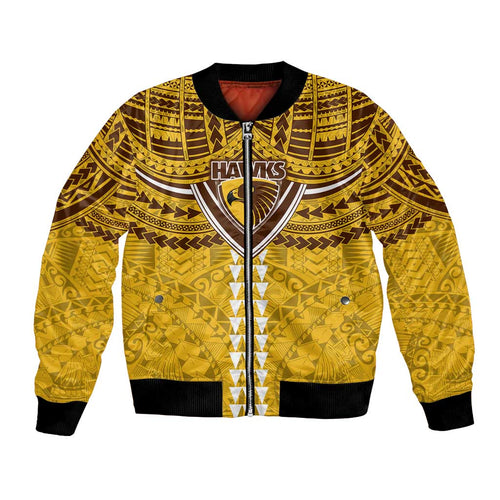 Personalized Hawthorn Hawks Bomber Jacket Polynesian Tribal Pattern Heritage Football