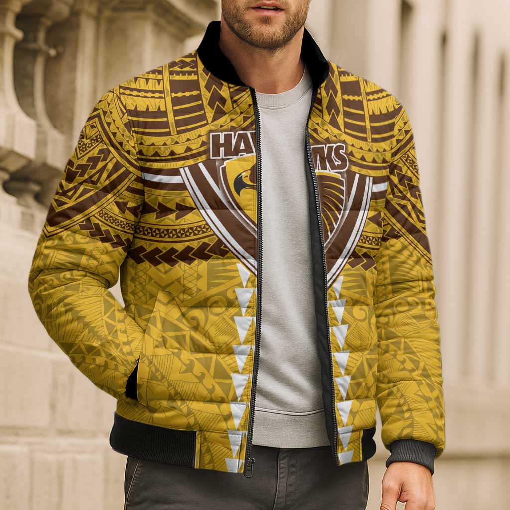 Personalized Hawthorn Hawks Bomber Puffer Jacket Polynesian Tribal Pattern Heritage Football