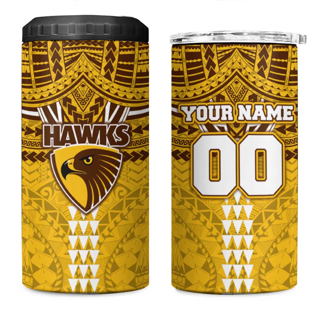 Personalized Hawthorn Hawks 4 in 1 Can Cooler Tumbler Polynesian Tribal Pattern Heritage Football