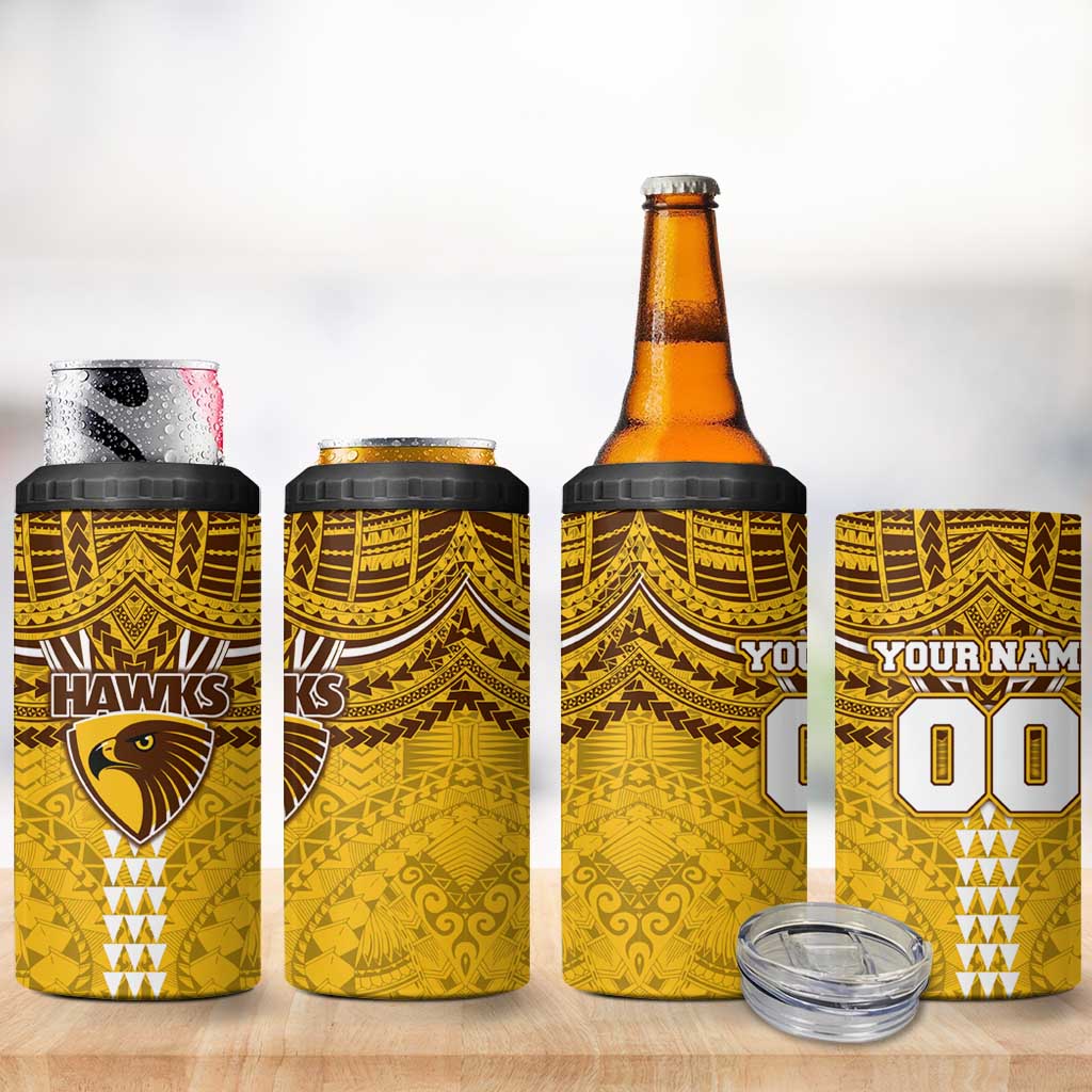 Personalized Hawthorn Hawks 4 in 1 Can Cooler Tumbler Polynesian Tribal Pattern Heritage Football