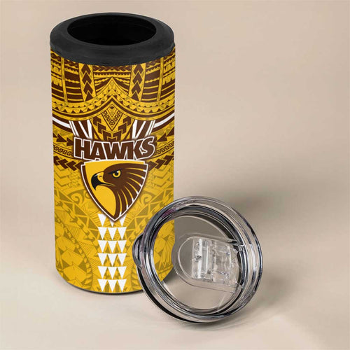 Personalized Hawthorn Hawks 4 in 1 Can Cooler Tumbler Polynesian Tribal Pattern Heritage Football