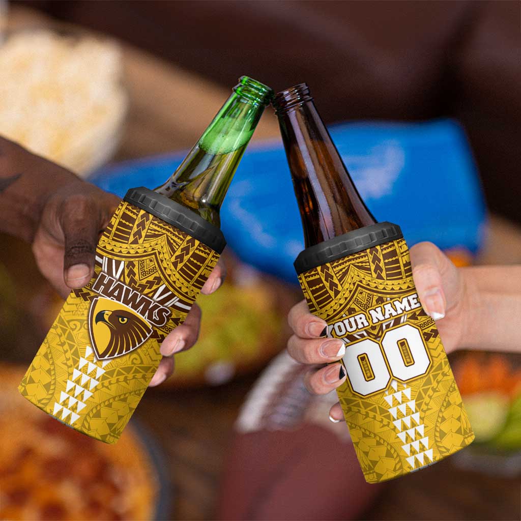 Personalized Hawthorn Hawks 4 in 1 Can Cooler Tumbler Polynesian Tribal Pattern Heritage Football