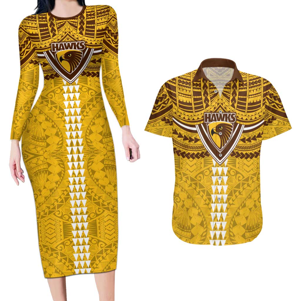 Personalized Hawthorn Hawks Couples Matching Long Sleeve Bodycon Dress and Hawaiian Shirt Polynesian Tribal Pattern Heritage Football