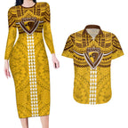 Personalized Hawthorn Hawks Couples Matching Long Sleeve Bodycon Dress and Hawaiian Shirt Polynesian Tribal Pattern Heritage Football