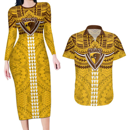 Personalized Hawthorn Hawks Couples Matching Long Sleeve Bodycon Dress and Hawaiian Shirt Polynesian Tribal Pattern Heritage Football