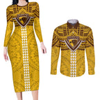 Personalized Hawthorn Hawks Couples Matching Long Sleeve Bodycon Dress and Long Sleeve Button Shirt Polynesian Tribal Pattern Heritage Football
