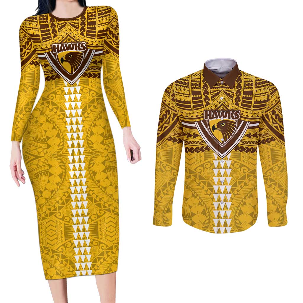 Personalized Hawthorn Hawks Couples Matching Long Sleeve Bodycon Dress and Long Sleeve Button Shirt Polynesian Tribal Pattern Heritage Football