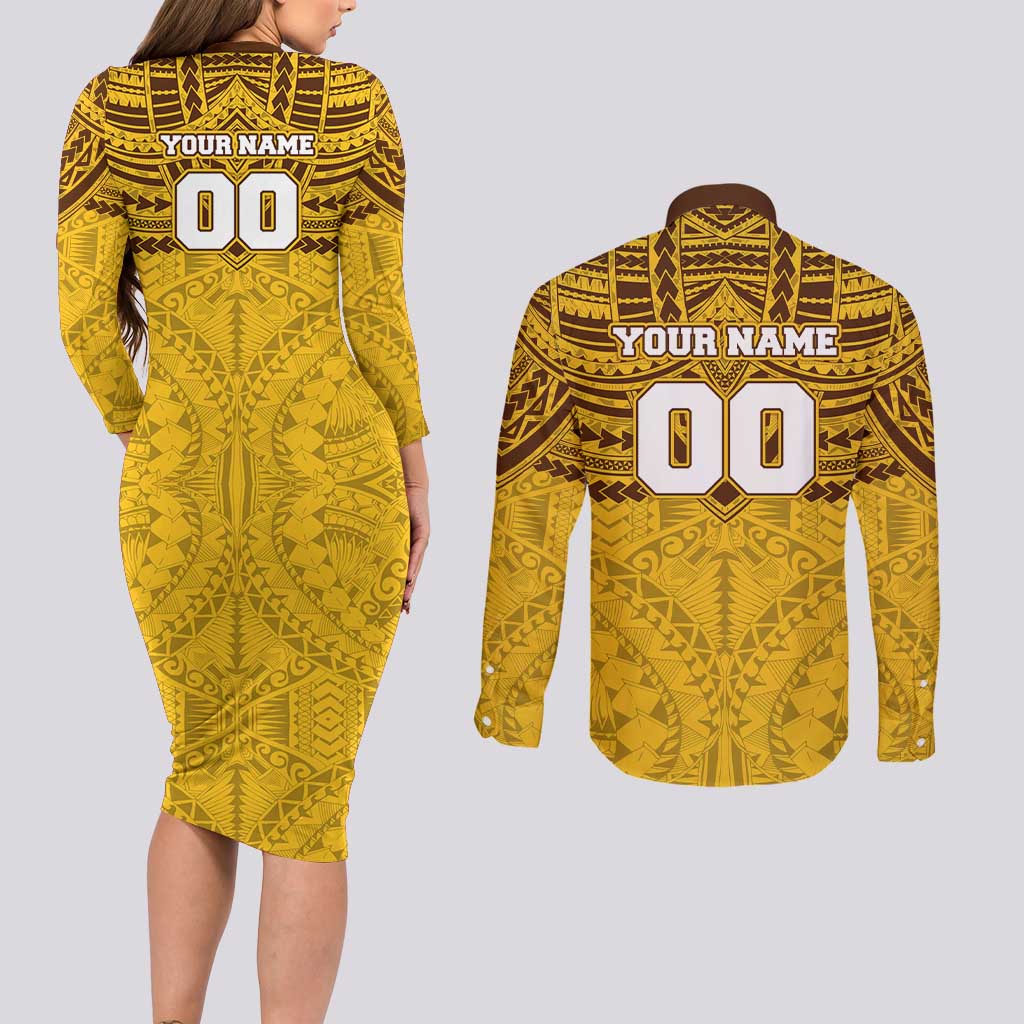 Personalized Hawthorn Hawks Couples Matching Long Sleeve Bodycon Dress and Long Sleeve Button Shirt Polynesian Tribal Pattern Heritage Football