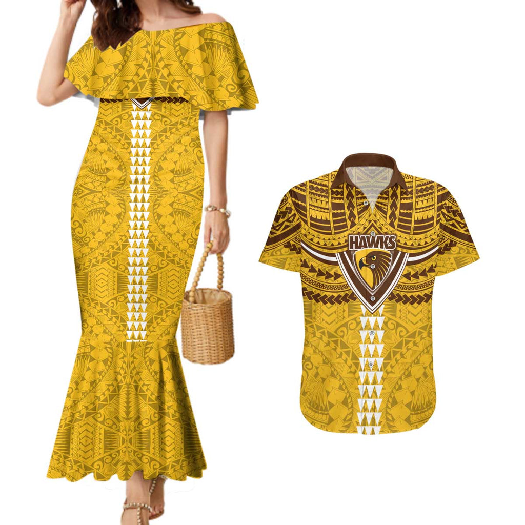 Personalized Hawthorn Hawks Couples Matching Mermaid Dress and Hawaiian Shirt Polynesian Tribal Pattern Heritage Football