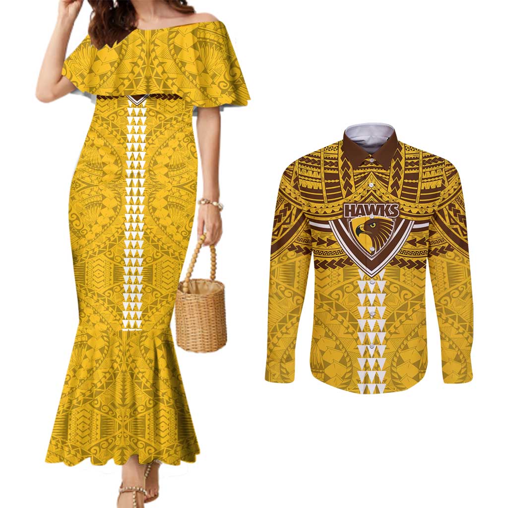Personalized Hawthorn Hawks Couples Matching Mermaid Dress and Long Sleeve Button Shirt Polynesian Tribal Pattern Heritage Football