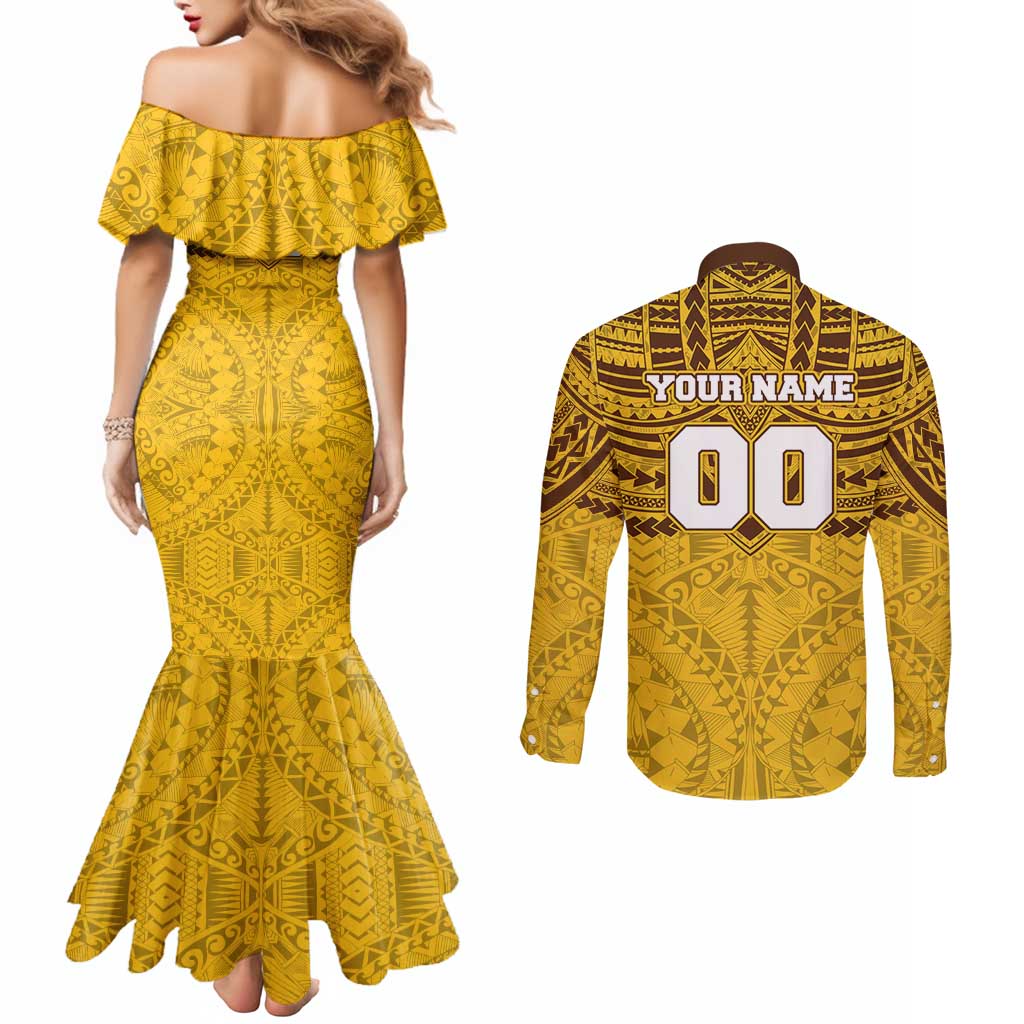Personalized Hawthorn Hawks Couples Matching Mermaid Dress and Long Sleeve Button Shirt Polynesian Tribal Pattern Heritage Football