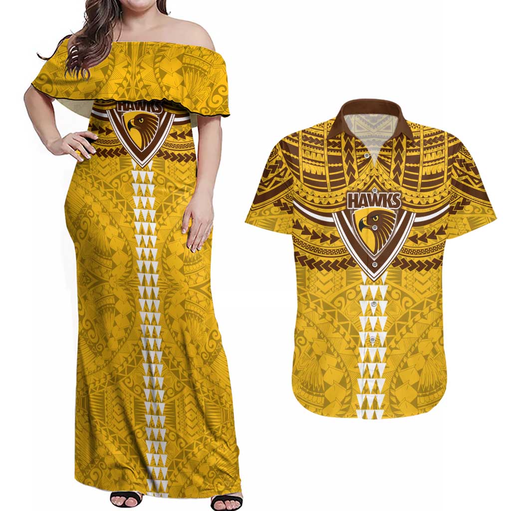Personalized Hawthorn Hawks Couples Matching Off Shoulder Maxi Dress and Hawaiian Shirt Polynesian Tribal Pattern Heritage Football