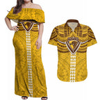 Personalized Hawthorn Hawks Couples Matching Off Shoulder Maxi Dress and Hawaiian Shirt Polynesian Tribal Pattern Heritage Football