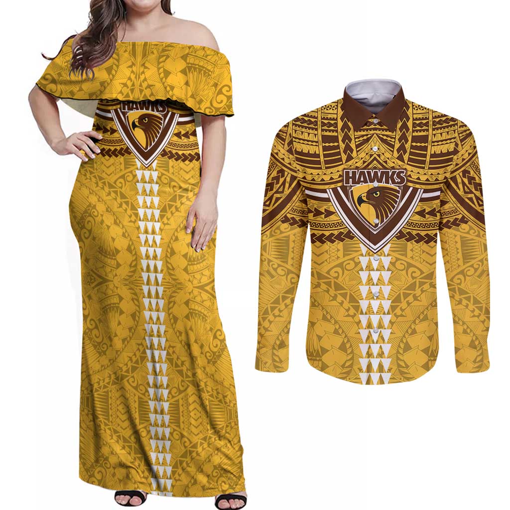Personalized Hawthorn Hawks Couples Matching Off Shoulder Maxi Dress and Long Sleeve Button Shirt Polynesian Tribal Pattern Heritage Football