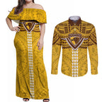 Personalized Hawthorn Hawks Couples Matching Off Shoulder Maxi Dress and Long Sleeve Button Shirt Polynesian Tribal Pattern Heritage Football