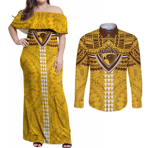 Personalized Hawthorn Hawks Couples Matching Off Shoulder Maxi Dress and Long Sleeve Button Shirt Polynesian Tribal Pattern Heritage Football