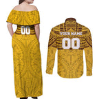 Personalized Hawthorn Hawks Couples Matching Off Shoulder Maxi Dress and Long Sleeve Button Shirt Polynesian Tribal Pattern Heritage Football