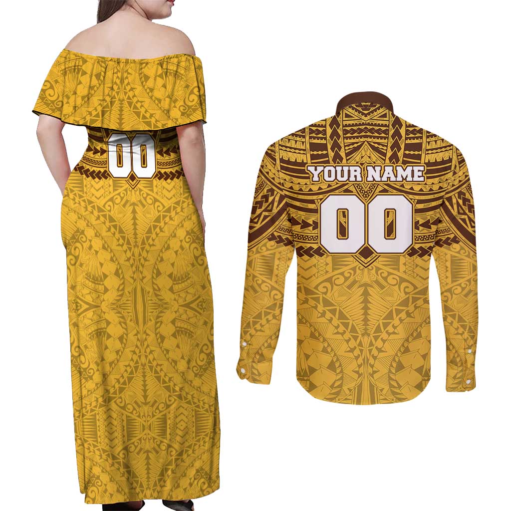 Personalized Hawthorn Hawks Couples Matching Off Shoulder Maxi Dress and Long Sleeve Button Shirt Polynesian Tribal Pattern Heritage Football