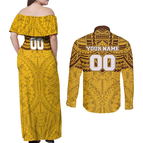 Personalized Hawthorn Hawks Couples Matching Off Shoulder Maxi Dress and Long Sleeve Button Shirt Polynesian Tribal Pattern Heritage Football