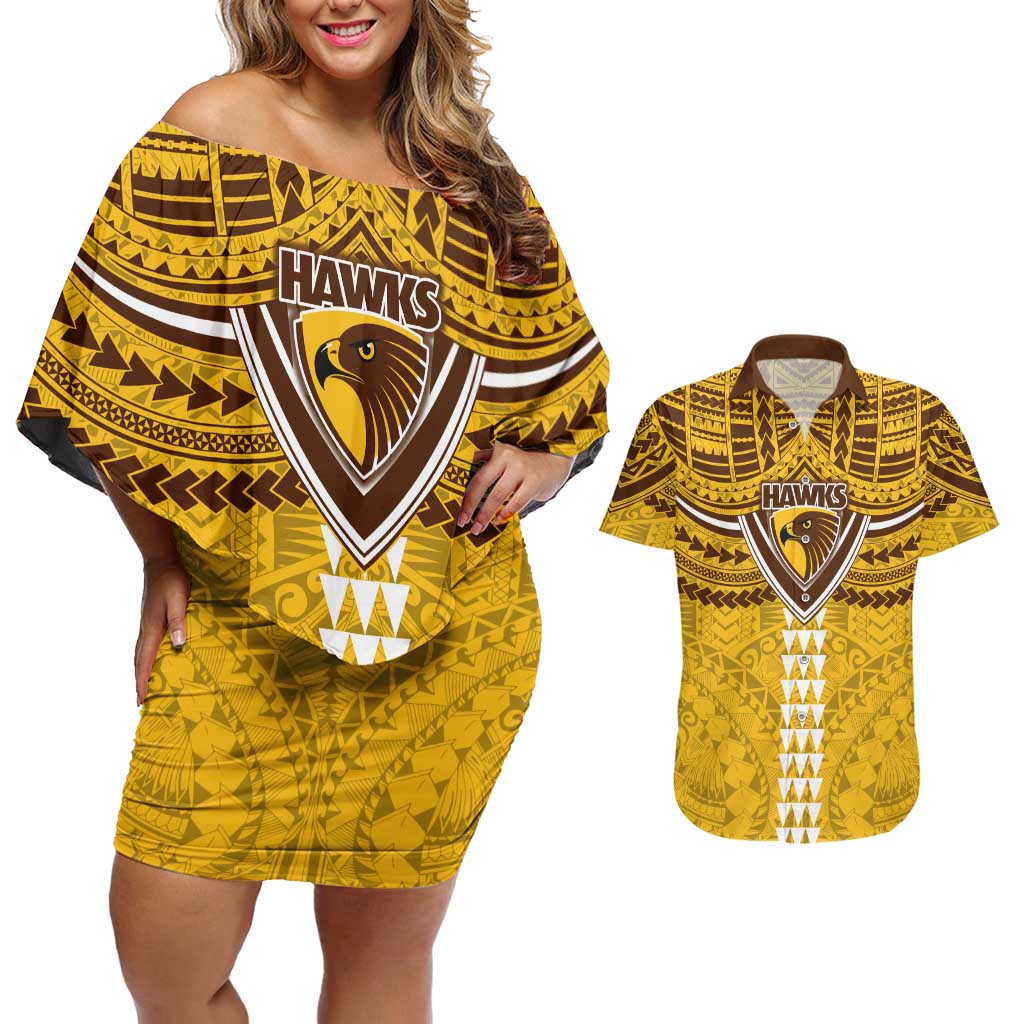 Personalized Hawthorn Hawks Couples Matching Off Shoulder Short Dress and Hawaiian Shirt Polynesian Tribal Pattern Heritage Football
