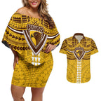 Personalized Hawthorn Hawks Couples Matching Off Shoulder Short Dress and Hawaiian Shirt Polynesian Tribal Pattern Heritage Football