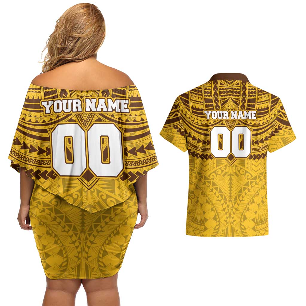 Personalized Hawthorn Hawks Couples Matching Off Shoulder Short Dress and Hawaiian Shirt Polynesian Tribal Pattern Heritage Football