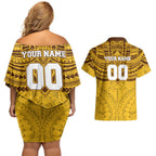 Personalized Hawthorn Hawks Couples Matching Off Shoulder Short Dress and Hawaiian Shirt Polynesian Tribal Pattern Heritage Football