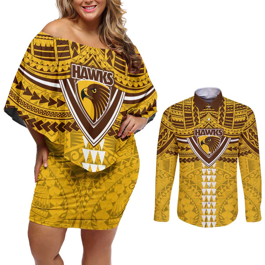 Personalized Hawthorn Hawks Couples Matching Off Shoulder Short Dress and Long Sleeve Button Shirt Polynesian Tribal Pattern Heritage Football