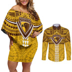 Personalized Hawthorn Hawks Couples Matching Off Shoulder Short Dress and Long Sleeve Button Shirt Polynesian Tribal Pattern Heritage Football