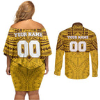 Personalized Hawthorn Hawks Couples Matching Off Shoulder Short Dress and Long Sleeve Button Shirt Polynesian Tribal Pattern Heritage Football