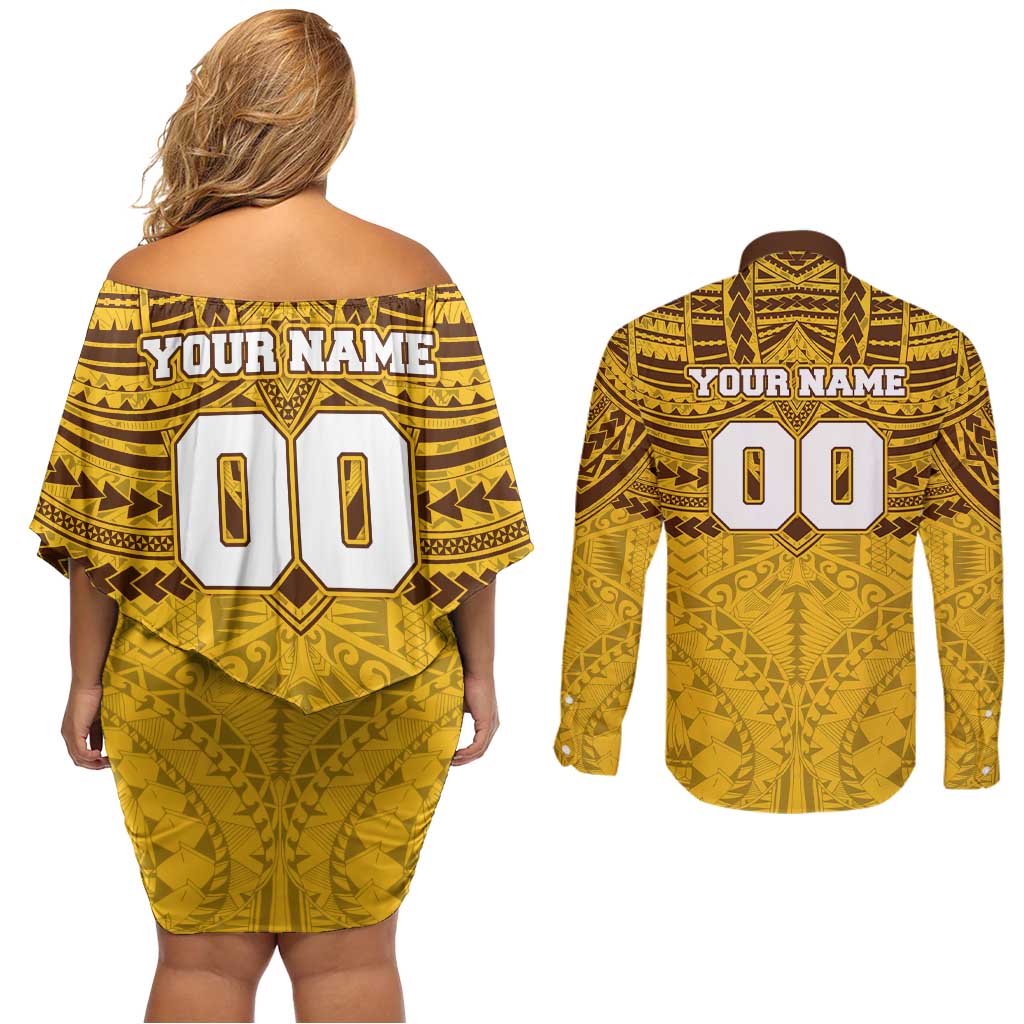 Personalized Hawthorn Hawks Couples Matching Off Shoulder Short Dress and Long Sleeve Button Shirt Polynesian Tribal Pattern Heritage Football