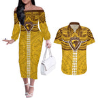 Personalized Hawthorn Hawks Couples Matching Off The Shoulder Long Sleeve Dress and Hawaiian Shirt Polynesian Tribal Pattern Heritage Football