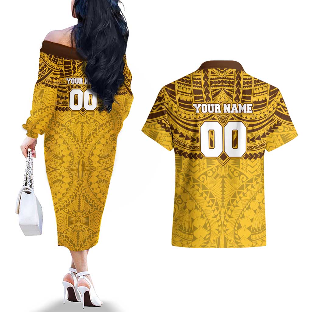 Personalized Hawthorn Hawks Couples Matching Off The Shoulder Long Sleeve Dress and Hawaiian Shirt Polynesian Tribal Pattern Heritage Football