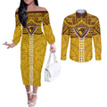 Personalized Hawthorn Hawks Couples Matching Off The Shoulder Long Sleeve Dress and Long Sleeve Button Shirt Polynesian Tribal Pattern Heritage Football