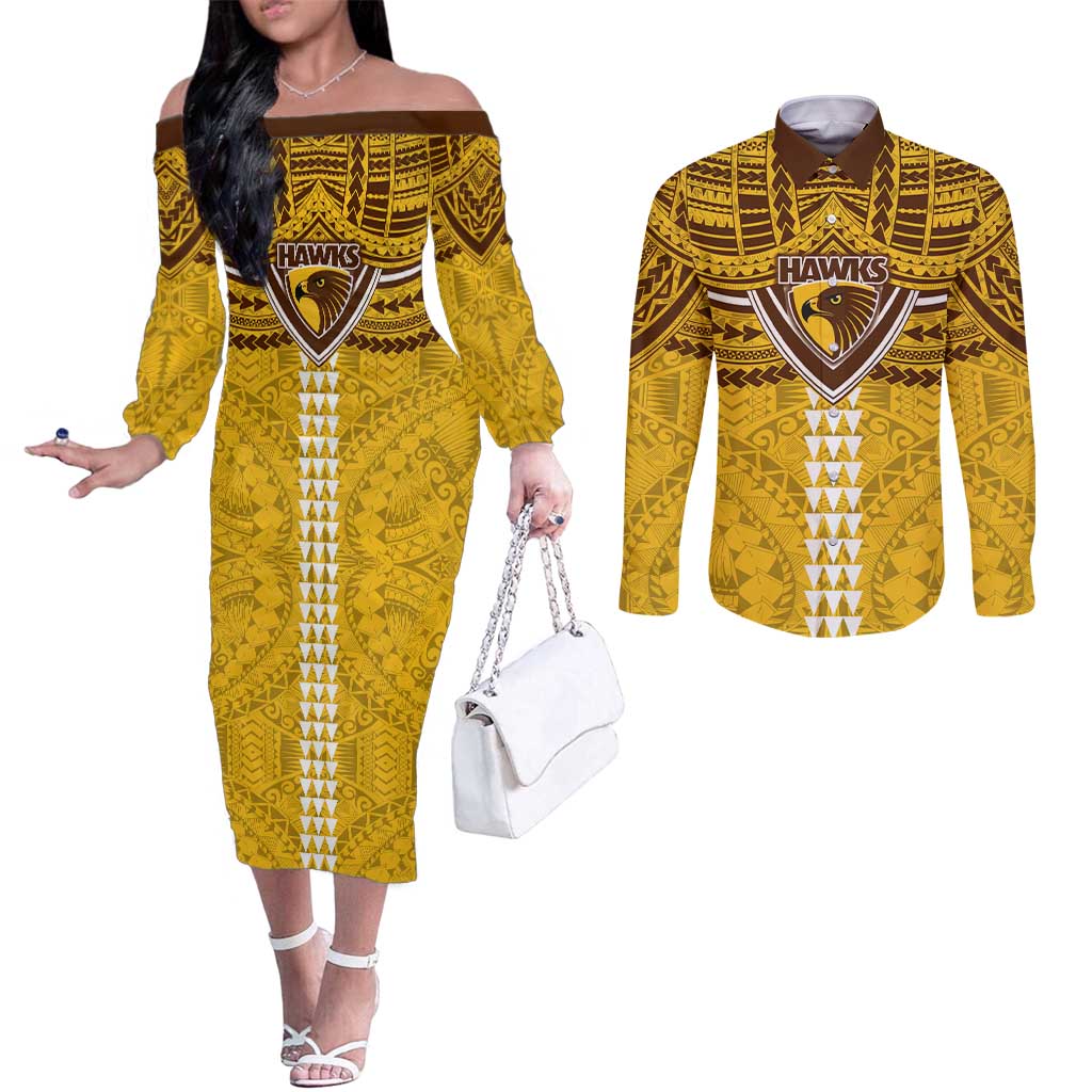 Personalized Hawthorn Hawks Couples Matching Off The Shoulder Long Sleeve Dress and Long Sleeve Button Shirt Polynesian Tribal Pattern Heritage Football