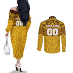 Personalized Hawthorn Hawks Couples Matching Off The Shoulder Long Sleeve Dress and Long Sleeve Button Shirt Polynesian Tribal Pattern Heritage Football